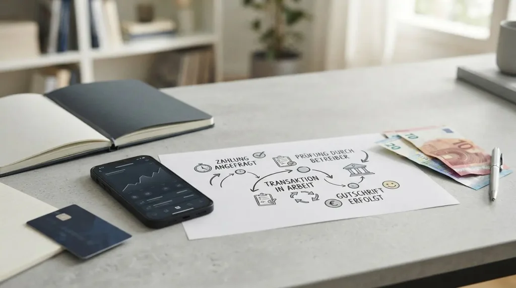 Auszahlungsübersicht mit Bankkarte, E-Wallet und Zeitachse auf einem Schreibtisch