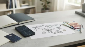 Auszahlungsübersicht mit Bankkarte, E-Wallet und Zeitachse auf einem Schreibtisch