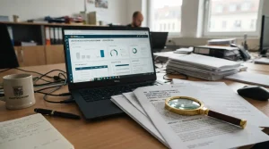 Laptop mit Casino-Seite neben Dokumenten und einer Lupe auf einem Schreibtisch