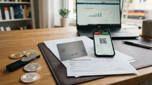 Bankkarte, Smartphone und Krypto-Symbole neben einer neutralen Zahlungsübersicht